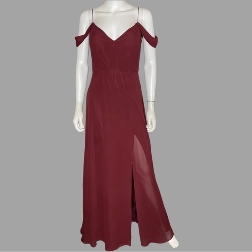 Jenny Yoo‎ Elegant Burgundy Off-Shoulder Maxi Dress with Slit Evening Gown